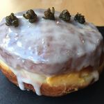 Squash filled doughnut with a grilled green grape glaze with a fried caper topping, inspired by Gramercy Tavern<br>